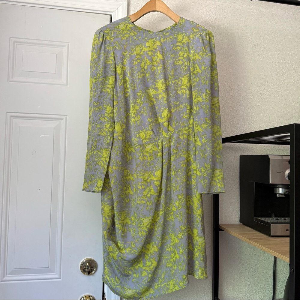 HUNTER‎ DIXON grey yellow floral silk long sleeve midi sheath shift dress